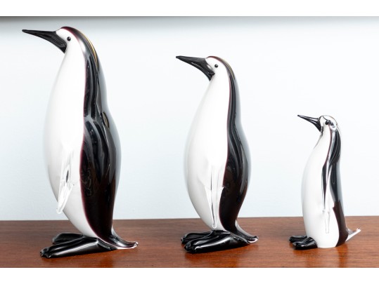 Family Of Three Murano Glass Penguins After Formia Vetri Di