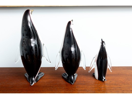 Family Of Three Murano Glass Penguins After Formia Vetri Di