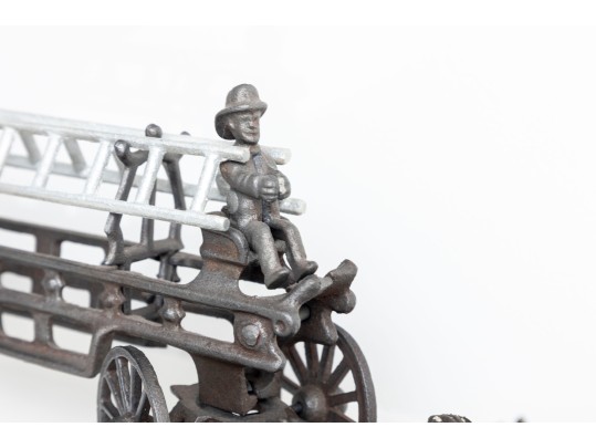 1800’s Rare Matching Pair Of Cast-Iron Toy Horse-drawn Ladder Fire Wagon & Water Pumper Wagon