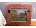 Oil On Wood Board Church Cathedral Painting With Landscape En Verso