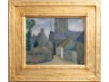 Oil On Wood Board Church Cathedral Painting With Landscape En Verso