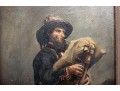 Antique Oil Painting On Wood Board – Scottish Figure With Bagpipes