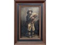 Antique Oil Painting On Wood Board – Scottish Figure With Bagpipes