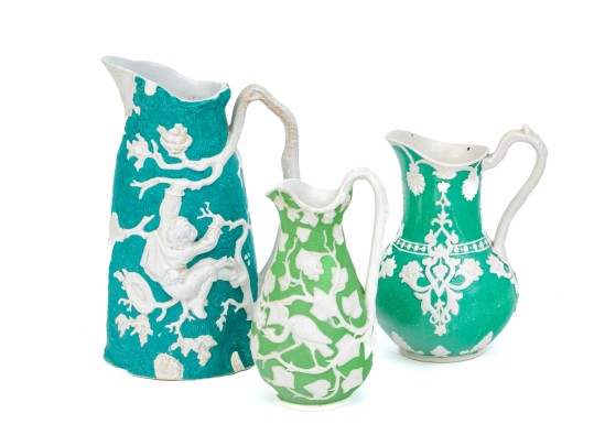 Elegant Collection Of 3 Antique, English Moulded And Glazed Ceramic Pitchers