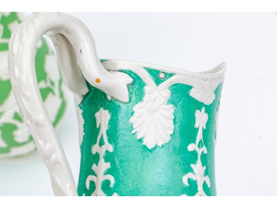 Elegant Collection Of 3 Antique, English Moulded And Glazed Ceramic Pitchers