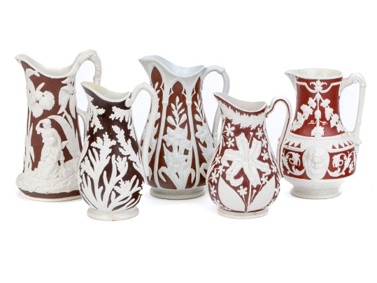 Collection Of 5 Antique, English Moulded And Glazed Stoneware Ewers, 19th C.