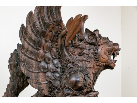 Balinese Carved Wood Winged Lion Sculpture