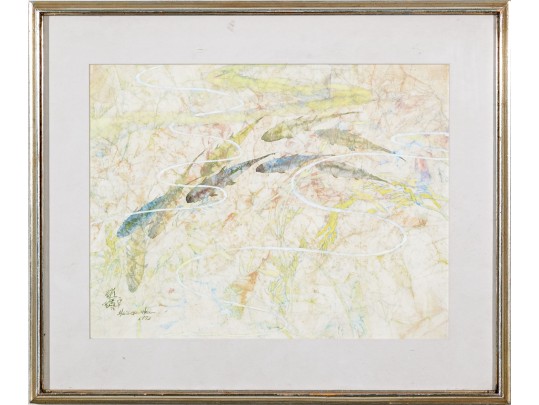 Asian Signed Watercolor On Hand Made Paper, School Of Fish