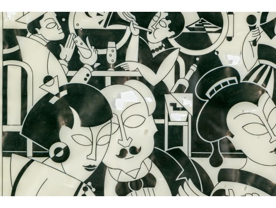 Vintage Japanese Framed Painted Paper Artwork, Dancers At A Club