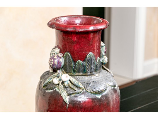 Vintage Tall Glazed Art Pottery Jar With Relief Decoration