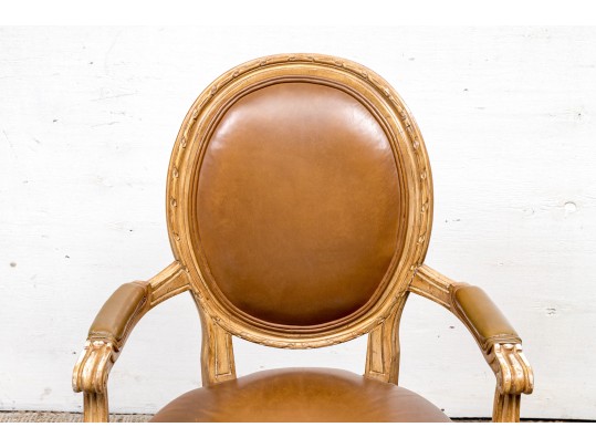 Carved And Painted Fauteuil With Vegan Leather Upholstery