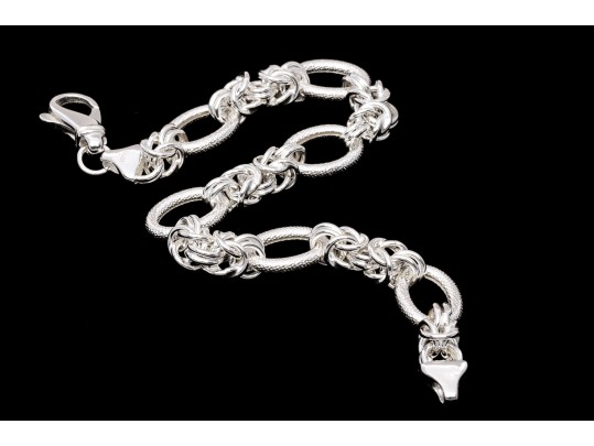 Sterling Silver Elegant Matte Finish Oval Link And Alternating Byzantine Link Bracelet