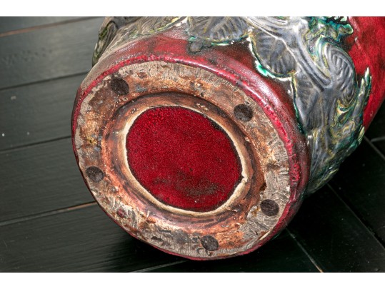 Vintage Tall Glazed Art Pottery Jar With Relief Decoration