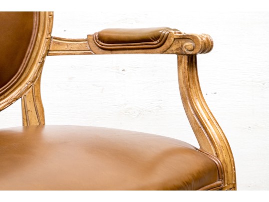 Carved And Painted Fauteuil With Vegan Leather Upholstery