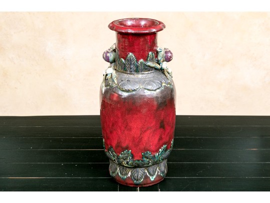 Vintage Tall Glazed Art Pottery Jar With Relief Decoration