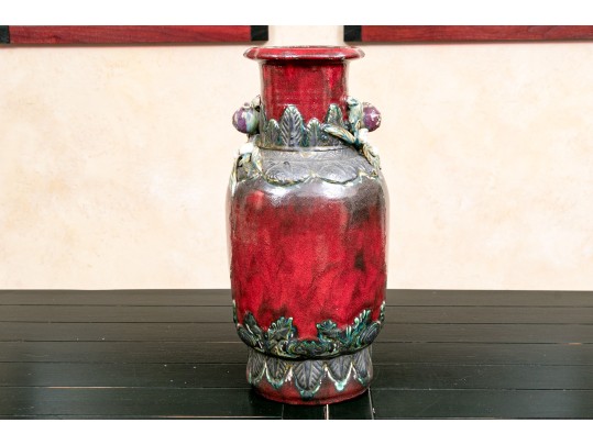 Vintage Tall Glazed Art Pottery Jar With Relief Decoration