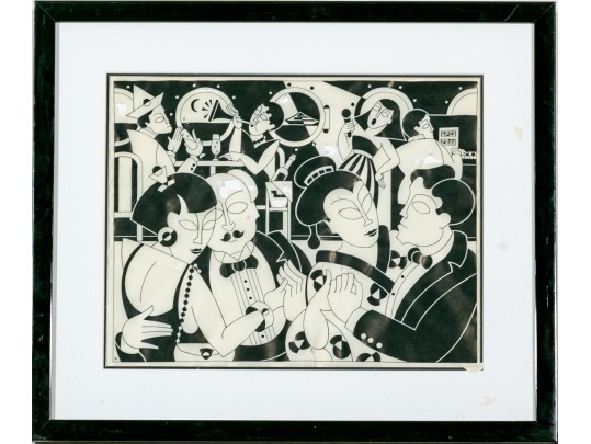 Vintage Japanese Framed Painted Paper Artwork, Dancers At A Club