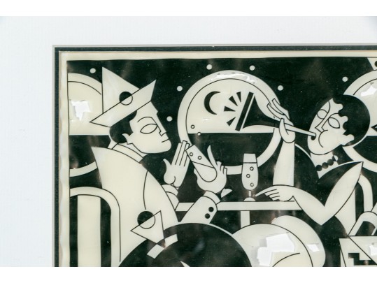 Vintage Japanese Framed Painted Paper Artwork, Dancers At A Club