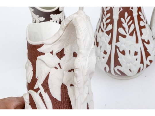 Collection Of 5 Antique, English Moulded And Glazed Stoneware Ewers, 19th C.