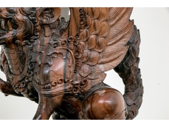 Balinese Carved Wood Winged Lion Sculpture