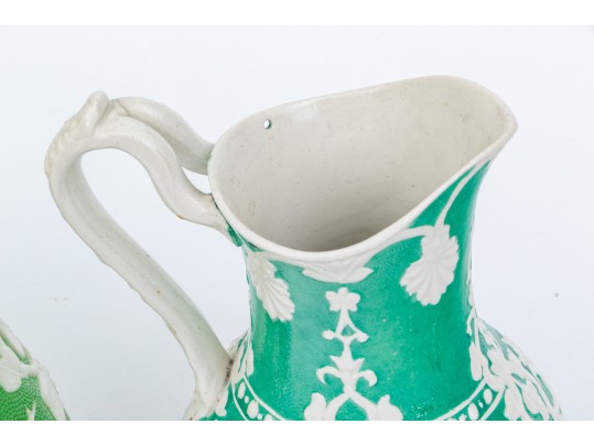 Elegant Collection Of 3 Antique, English Moulded And Glazed Ceramic Pitchers