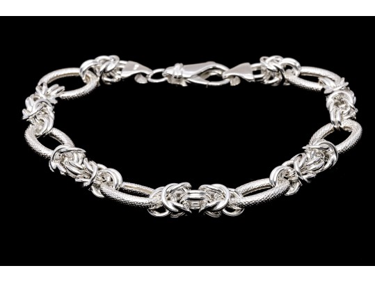 Sterling Silver Elegant Matte Finish Oval Link And Alternating Byzantine Link Bracelet