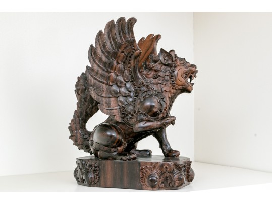 Balinese Carved Wood Winged Lion Sculpture