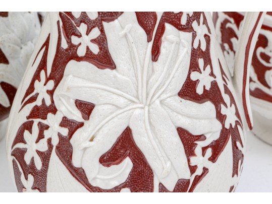 Collection Of 5 Antique, English Moulded And Glazed Stoneware Ewers, 19th C.