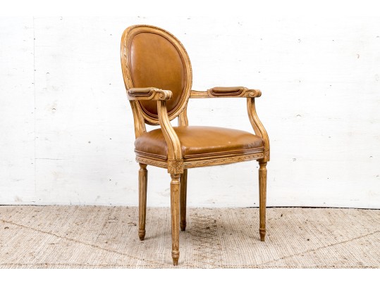 Carved And Painted Fauteuil With Vegan Leather Upholstery