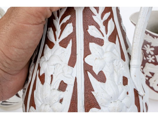 Collection Of 5 Antique, English Moulded And Glazed Stoneware Ewers, 19th C.