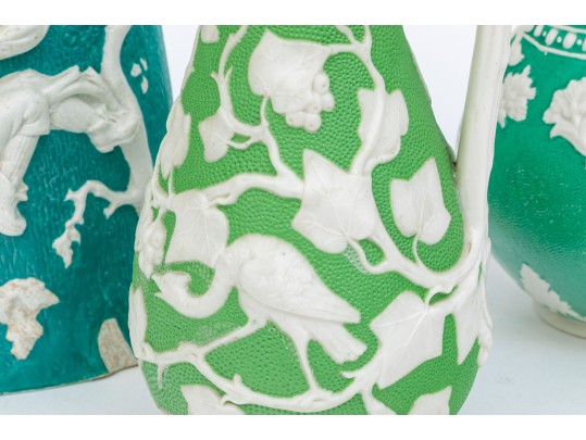 Elegant Collection Of 3 Antique, English Moulded And Glazed Ceramic Pitchers