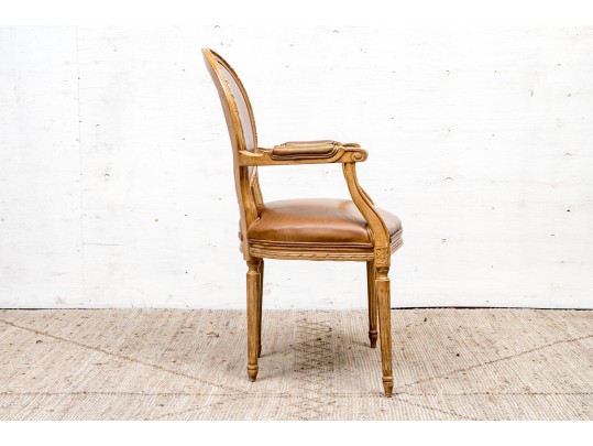 Carved And Painted Fauteuil With Vegan Leather Upholstery