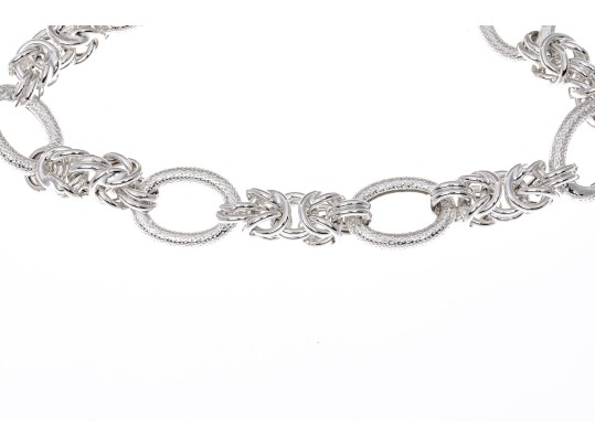 Sterling Silver Elegant Matte Finish Oval Link And Alternating Byzantine Link Bracelet