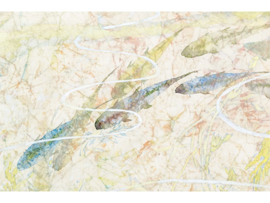 Asian Signed Watercolor On Hand Made Paper, School Of Fish