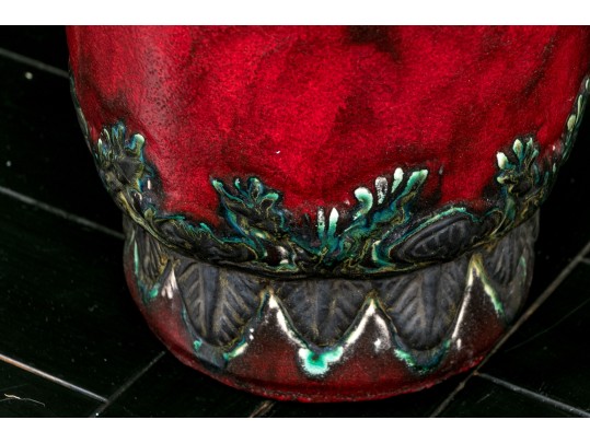 Vintage Tall Glazed Art Pottery Jar With Relief Decoration