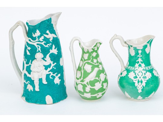 Elegant Collection Of 3 Antique, English Moulded And Glazed Ceramic Pitchers