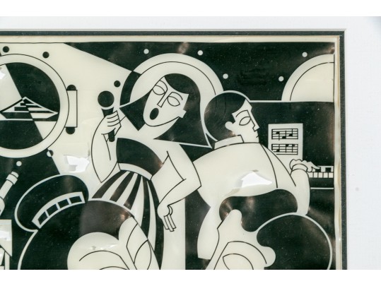 Vintage Japanese Framed Painted Paper Artwork, Dancers At A Club