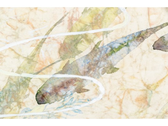 Asian Signed Watercolor On Hand Made Paper, School Of Fish