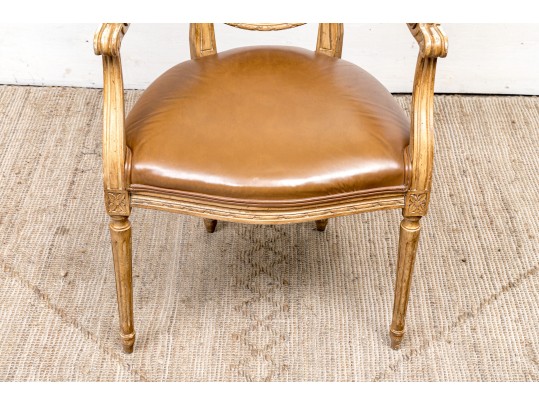 Carved And Painted Fauteuil With Vegan Leather Upholstery