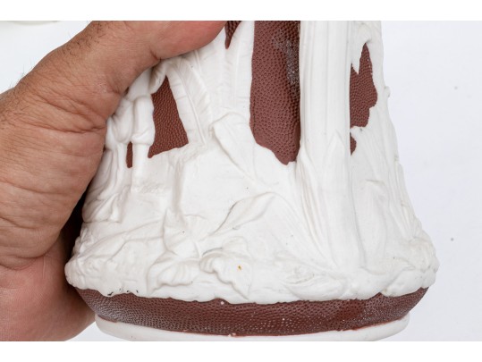 Collection Of 5 Antique, English Moulded And Glazed Stoneware Ewers, 19th C.