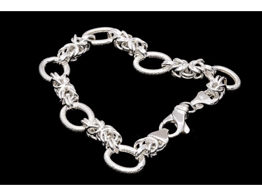 Sterling Silver Elegant Matte Finish Oval Link And Alternating Byzantine Link Bracelet