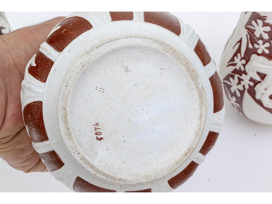 Collection Of 5 Antique, English Moulded And Glazed Stoneware Ewers, 19th C.