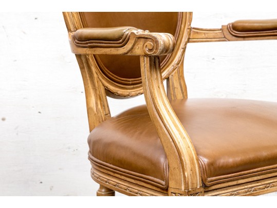 Carved And Painted Fauteuil With Vegan Leather Upholstery