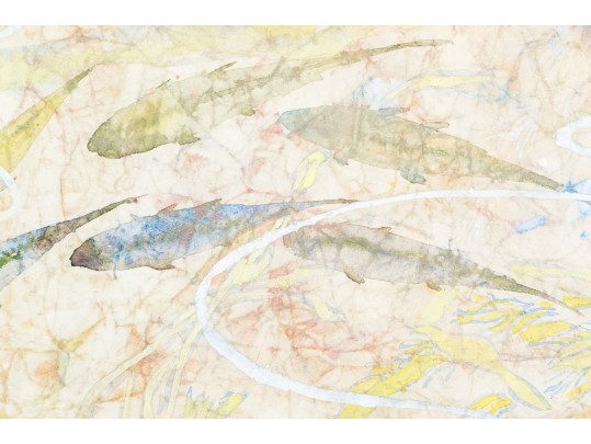 Asian Signed Watercolor On Hand Made Paper, School Of Fish