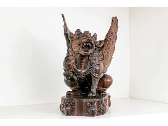 Balinese Carved Wood Winged Lion Sculpture