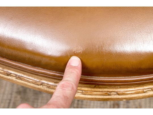 Carved And Painted Fauteuil With Vegan Leather Upholstery