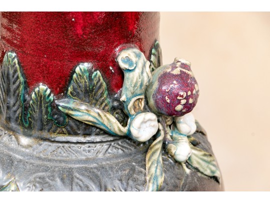 Vintage Tall Glazed Art Pottery Jar With Relief Decoration