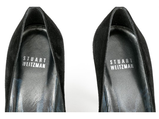 Stuart Weitzman Impactful Black Suede Gathered Peep Toe Platform Stilettos, Size 8 M