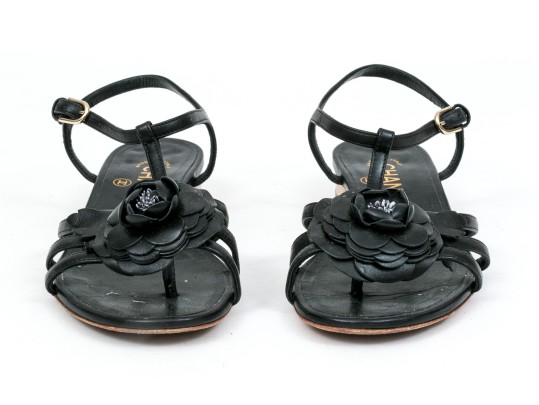 Chanel Beautiful Black Leather Flat Sandals, Camelia Tops, Size 36 1/2