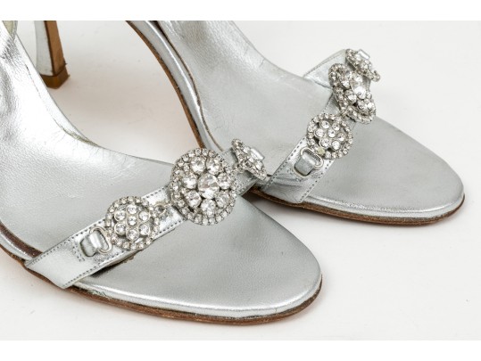 Manolo Blahnik Beautiful Bedazzled Silver Metallic Sandals, Size 38